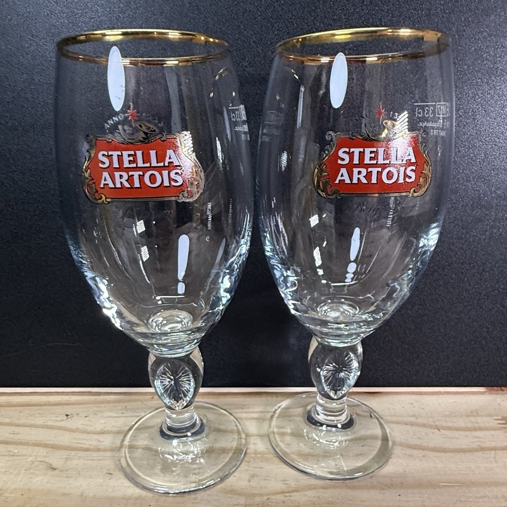 Stella Artois Belgium 33 cl Gold Rimmed Chalice Stemmed Beer Glasses‎ Set Of 2
